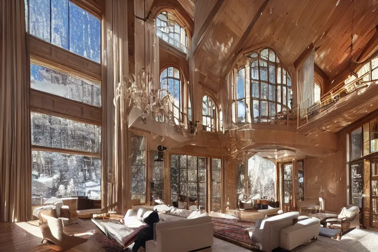 Image similar to interior of a beautiful contemporary mansion in Aspen, skybridges, turrets, golden hour, light snow, snowflakes falling outside, sunbeams, volumetric lighting, by Emmanuel Lubezki