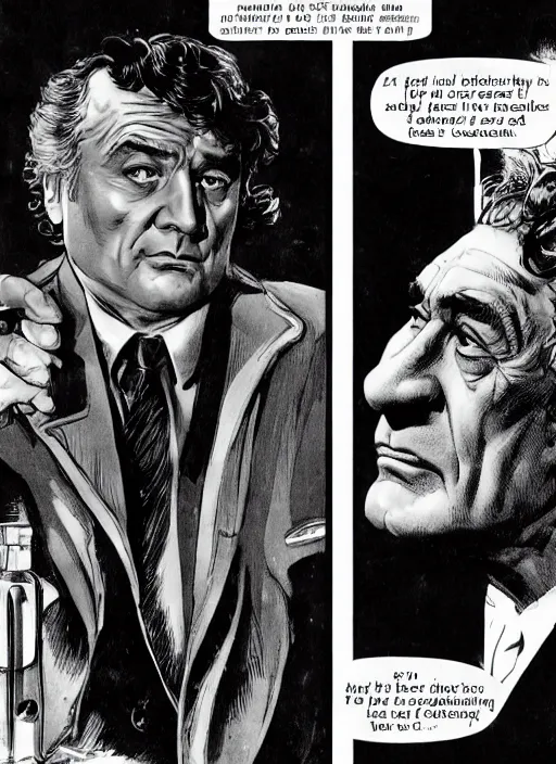 Image similar to Columbo and E. G. Marshall as Upson Pratt, comic book panels, artwork by Bernie Wrightson, detailed