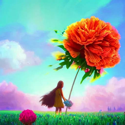 Image similar to giant carnation flower face, girl in a flower field, surreal photography, sunrise dramatic light, impressionist painting, colorful clouds, digital painting, artstation, simon stalenhag, flower face