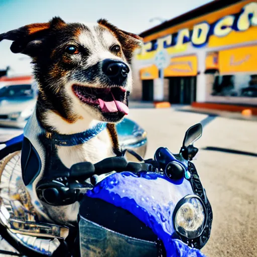 Image similar to blue heeler dog on a motorcycle, 8 k photography, blurred background of a wafflehouse