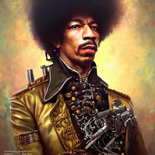 Image similar to steampunk portrait of jimi hendrix, hyper detailed, digital art, trending in artstation, cinematic lighting, studio quality, smooth render, unreal engine 5 rendered, octane rendered, art style by klimt and nixeu and ian sprigger and wlop and krenz cushart.