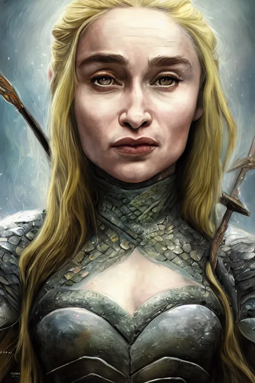 Image similar to A fantasy comic book style portrait painting of, hybrid, Emilia Clarke, Sophie Turner, as an Atlantean, Reptilian Warrior, Mystical Valkyrie, Armor, Sword, Archer Bow, Spear, Sheild, François Boucher, Oil Painting, unreal 5, DAZ, hyperrealistic, octane render, Regal, Refined, Detailed Digital Art, RPG portrait, Michael Cheval, William-Adolphe Bouguereau, Walt Disney (1937), Steampunk, dynamic lighting, Highly Detailed, Cinematic Lighting, Unreal Engine, 8k, HD