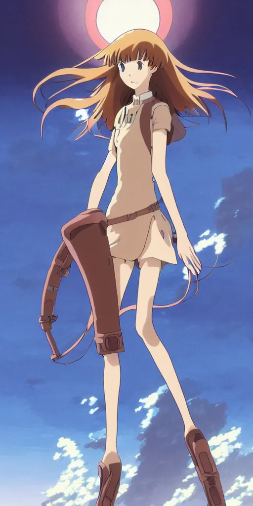 Image similar to anime art full body portrait character nausicaa concept art, anime key visual of elegant young female, brown hair and large eyes, finely detailed perfect face delicate features directed gaze, sunset in a valley, trending on pixiv fanbox, studio ghibli, extremely high quality artwork by hayao miyazaki by kushart krenz cute sparkling eyes