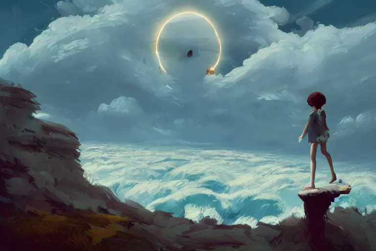 Image similar to huge white daisies blooming as a head, girl walking on cliff, surreal photography, solar eclipse, stars, dramatic light, impressionist painting, clouds, digital painting, artstation, james gilleard, liam wong, jeremy mann, simon stalenhag