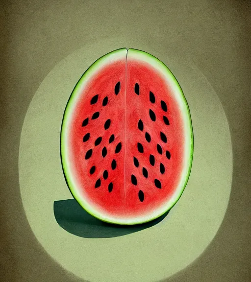 Prompt: portrait of a watermelon sitting upon a table with heightened detail, poised, intense emotion, detailed facial expression, detailed surroundings, intricate, elegant, highly detailed, centered, digital painting, artstation, concept art, smooth, sharp focus, illustration, by ( leonardo da vinci ), wlop