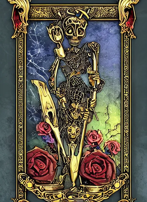 Image similar to tarot card :: horror :: killer gun :: blood and roses :: gold and silver carvings :: metallic :: by Yurtsev and Darkchylde