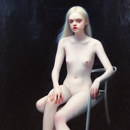 Prompt: Elle Fanning sitting on a white leather chair, head and shoulders portrait, stormy weather, extremely detailed masterpiece, oil on canvas, low-key neon lighting, artstation, Blade Runner 2049, Roger Deakin’s cinematography, by J. C. Leyendecker and Peter Paul Rubens and Edward Hopper and Michael Sowa,