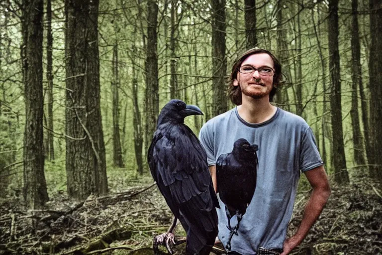 Prompt: !! human mixed with a crow, photograph captured in a dark forest