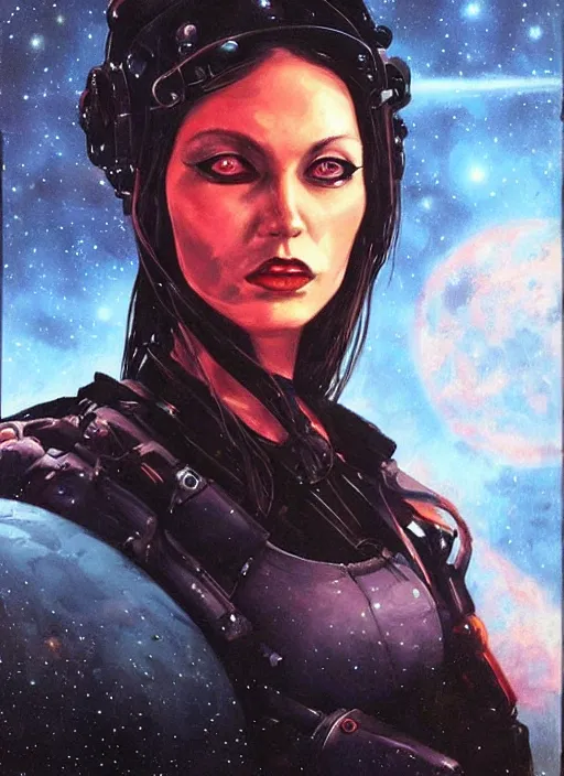 Image similar to portrait of female space pirate, night sky background, beautiful! coherent! by brom, deep color, strong line, high contrast