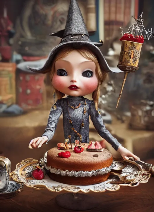 Image similar to closeup of a tin toy medieval witch eating cakes, depth of field, zeiss lens, detailed, symmetrical, centered, fashion photoshoot, by nicoletta ceccoli, mark ryden, lostfish, earl nore, hyung tae, frank frazetta, breathtaking, 8 k resolution, extremely detailed, beautiful, establishing shot, artistic, hyperrealistic, octane render