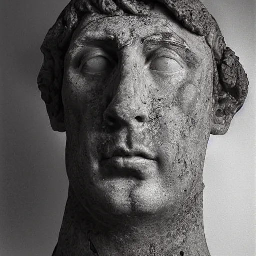 Image similar to Award-winning photograph by Chema Madoz. The photo depicts a decaying roman bust of Nicolas Cage at the bottom of the sea. Minimalism, high definition, perfect composition. Deep sea picture. Very dark. Volumetric Lighting. Fish. Darkness. Ruins