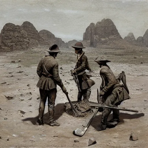 Prompt: ultra detailed photorealistic sepia - toned painting from 1 9 1 7, three british soldiers standing at an archaeological dig site in wadi rum, ultra realistic, painted, intricate details, lovecraft, atmospheric, dark, horror, brooding, highly detailed, by angus mcbride