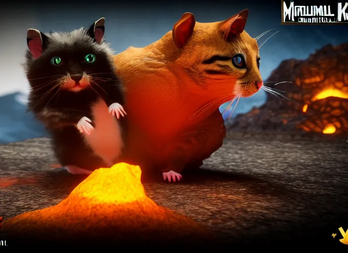 Prompt: hamster fights a cat in mortal kombat at a volcano with shao khan cheering in the background. fantasy magic style. highly detailed 8 k. intricate. lifelike. soft light. sony a 7 r iv 5 5 mm. unreal engine with nanite and path tracing