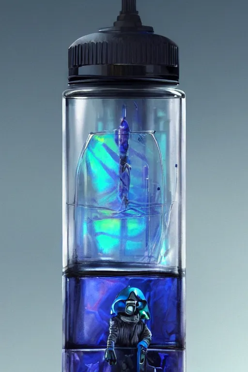 Prompt: concept art of a rolex - star wars blue magenta iridescent liquid dietary supplement in a transparent bottle with big black sticker on it by aenaluck, artgerm and roberto ferri and greg rutkowski, blue and white tones, digital painting, artstation, concept art, smooth, sharp foccus ilustration hq