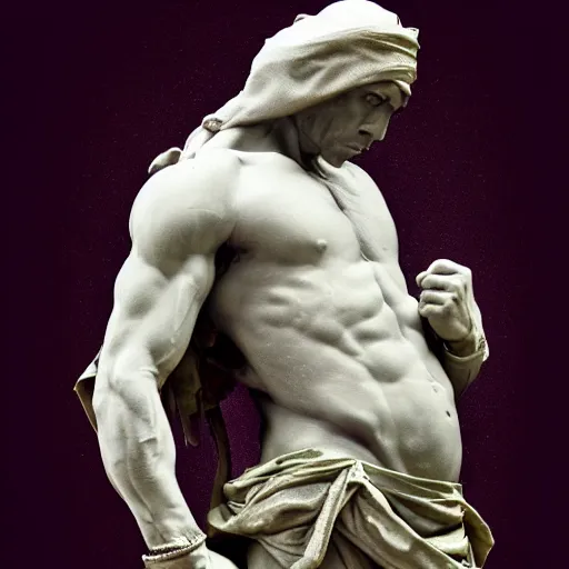 Image similar to donatello of the teenage mutant ninja turtles as a sculpture from the renaissance artist michelangelo, made of white marble, high details, cinematic, dramatic lighting, photorealistic