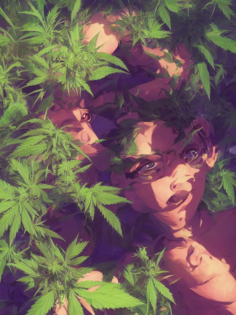 Image similar to kid with green purple flowers of marijuana hemp cannabis, behance hd by jesper ejsing, by rhads, makoto shinkai and lois van baarle, ilya kuvshinov, rossdraws global illumination, golden ratio, symmetrical beauty face