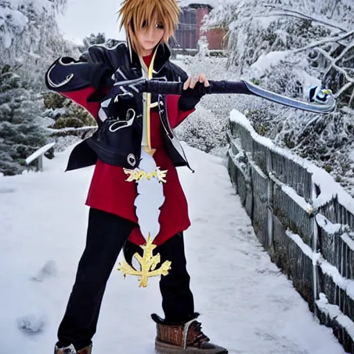 Image similar to of sora cosplay holding keyblade with snow background