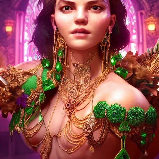 Prompt: photograph of wonderful princess with fair skin, green jewelry, breathtaking, ornate, intricate, hyper detailed, accent lighting, dramatic light, 4 k octane render