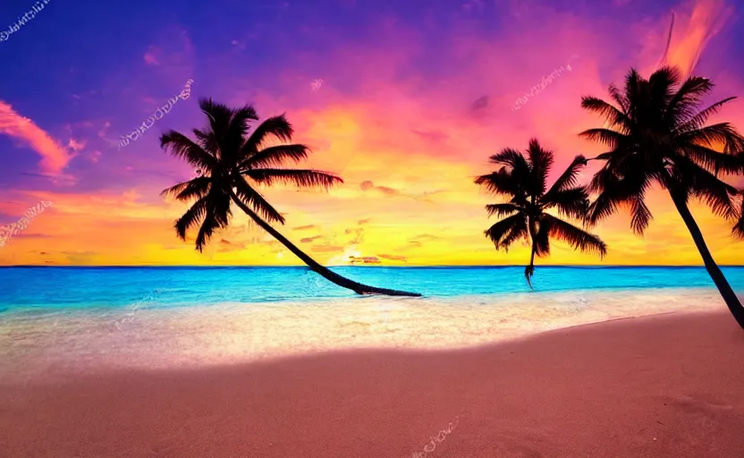 Prompt: a tropical beach with a beautiful sunset