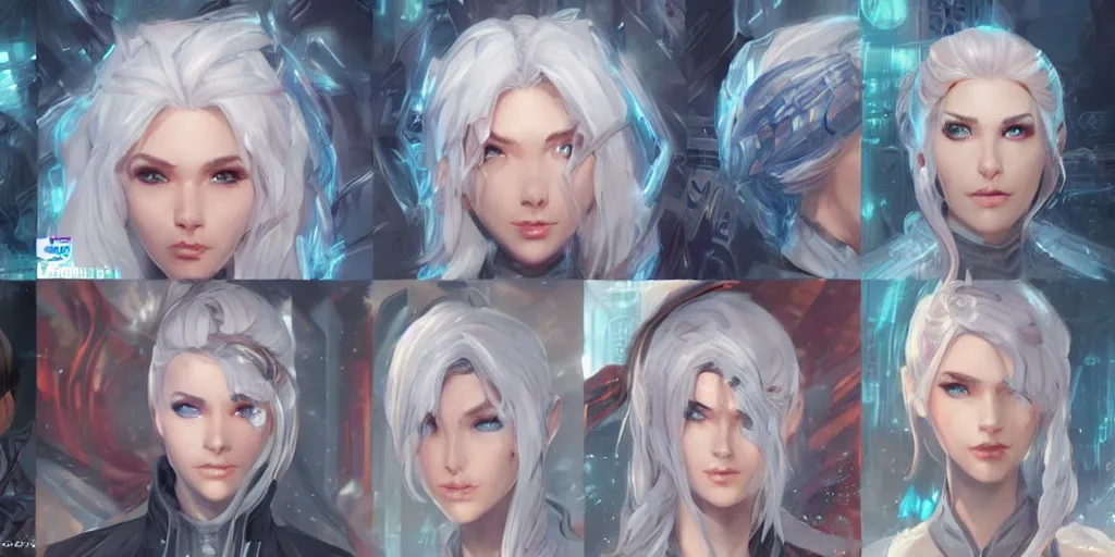 Image similar to concept art of an icy russian female netrunner d & d video game characters head designs, unique hair designs, by marc brunet and artgerm