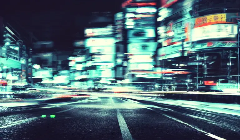 Prompt: wideshot of a car driving in tokyo at night, highly detailed, 4k, deviantart, artstation