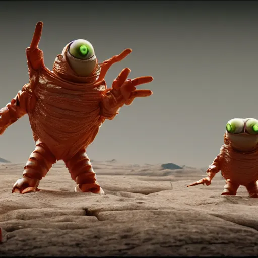 Prompt: 1 9 7 6 synthetic plastic, shiny monsters with large eyes, standing on a martian landscape, cinematic movie scene, inspired by the movie the fifth element and'fraggle rock ', hyperrealistic, fine details, octane render