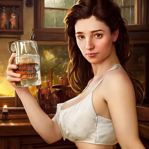 Image similar to Epic portrait, an muscular waitress serving a drink, Brown hair flow, pretty, glossy skin, digital painting, artstation, concept art, soft light, hdri, smooth, sharp focus, illustration, fantasy, intricate, elegant, highly detailed, D&D, matte painting, in the style of Greg Rutkowski and Alphonse Mucha and artemisia, 8k, highly detailed, jurgens, rutkowski, bouguereau, pastoral, rustic, georgic