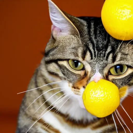 Prompt: photo of a tabby cat with a lemon for a head