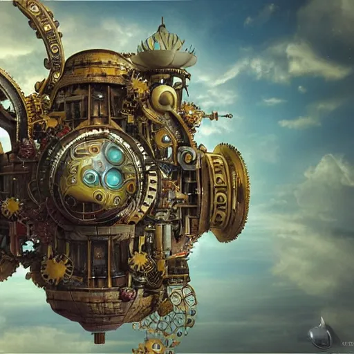 Image similar to flying city in a mechanical flower, sky, fantasy art, steampunk, masterpiece, octane