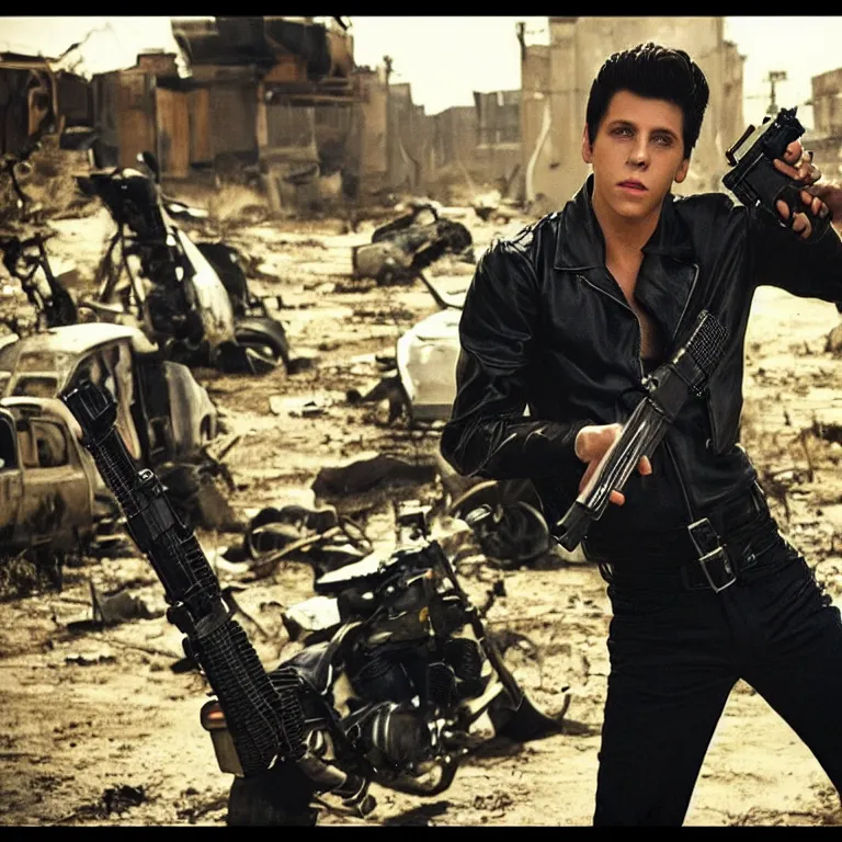 Prompt: photo of danny zuko in the post apocalyptic wasteland, large submachine gun, surrounding mutant creatures