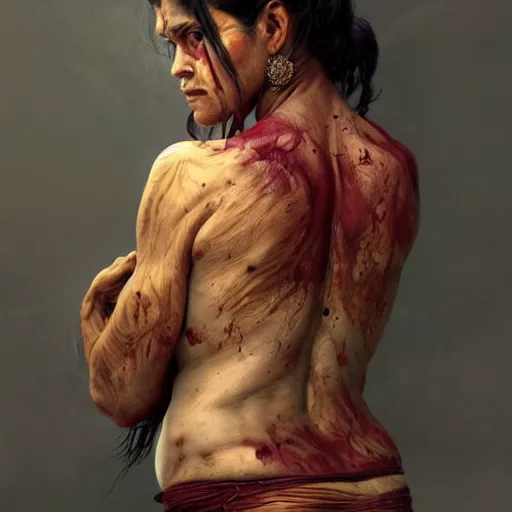 Prompt: portrait painting of a muscular bloodied indian middle aged woman lower back, ultra realistic, concept art, intricate details, eerie, horror, highly detailed, photorealistic, octane render, 8 k, unreal engine. art by artgerm and greg rutkowski and alphonse mucha