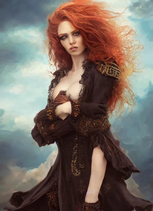 Prompt: a beautiful woman pirate clothes, 8 k, sensual, hyperrealistic, hyperdetailed, beautiful face, long ginger hair windy, dark fantasy, fantasy portrait by laura sava