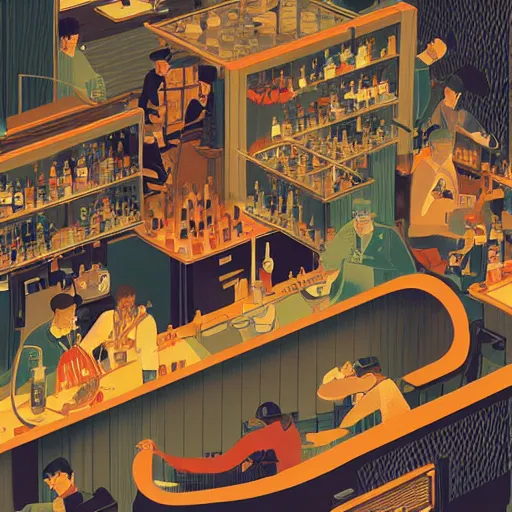 Prompt: isometric view illustration of a very lively bar area, highly detailed, end of the day, by Victo Ngai