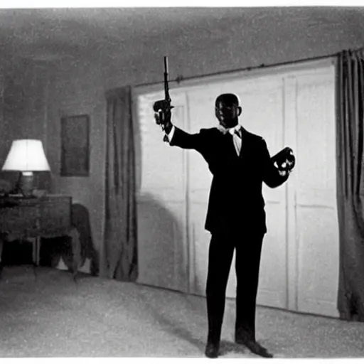 Image similar to A man in a black suit in a living room at night pointing a silenced gun at the camera, movie scene, dark