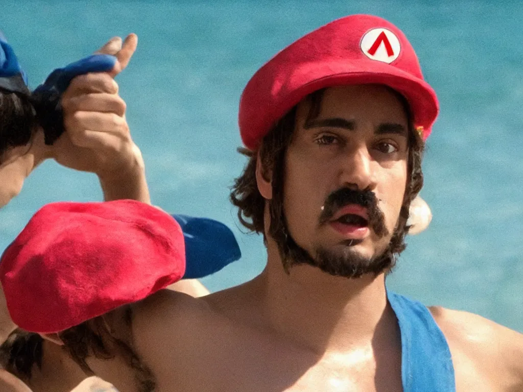 Image similar to Close up of mario in a hat in Harmony Korine Spring Breakers film aesthetic!!!