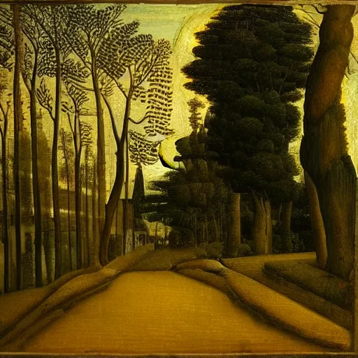 Prompt: in the style of sandro botticelli, beautiful small down, cobblestone roads, low light, end of day, trees, forest in the distance, light mist