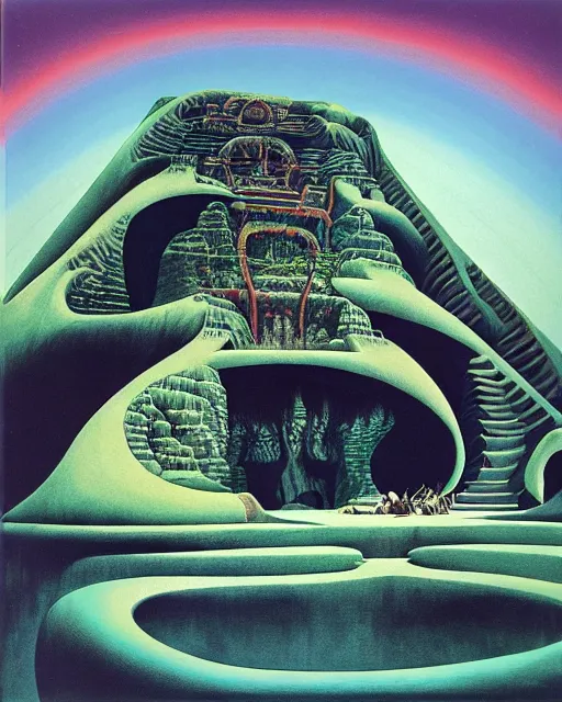 Prompt: inside the giant's mouth there is a temple within roger dean, stanley donwood