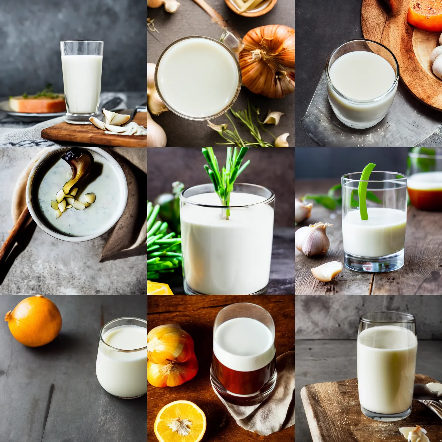 Prompt: a glass filled with delicious, savory, fresh - squeezed garlic milk, high quality food photography