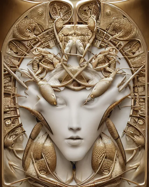 Prompt: symmetry, intracate white marble bas relief sculpture with gold wire inlay, thousands of crabs crabs spiders, snakes, highly detailed, intricately detailed, art nuevo, octane, 8 k, hdr, art by hr geiger and ridley scott, and alphonse mucha, trending on artstation