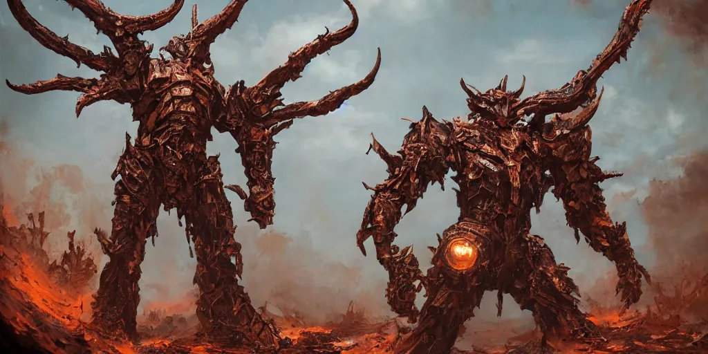 Image similar to Rusted copper four armed colossus, character design sheet, Monster Hunter Illustrations art book, giant, trees growing on its body, enormous hands, long limbs, horns on its head, bright pale blue eyes, Moebius, Greg Rutkowski, Zabrocki, Karlkka, Jayison Devadas, Phuoc Quan, trending on Artstation, 8K, ultra wide angle, zenith view, pincushion lens effect.