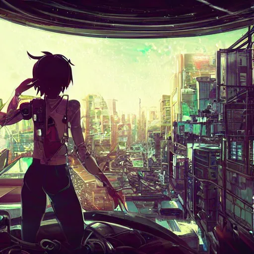 Prompt: android mechanical cyborg girl in overcrowded urban dystopia gigantic future city raining makoto shinkai wide angle distant shot