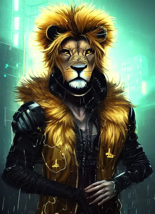 Image similar to award winning beautiful portrait commission of a male furry anthro lion fursona with a tail and a cute beautiful attractive detailed furry face wearing stylish black and gold cyberpunk clothes in a cyberpunk city at night while it rains. Character design by charlie bowater, ross tran, artgerm, and makoto shinkai, detailed, inked, western comic book art