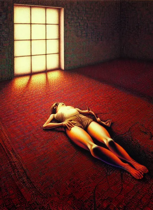 Prompt: realistic detailed photo rendered in octane 3d , of an out of body near-death experience in a old soviet apartment room with a carpet on the wall, shipibo , by Ayami Kojima, Amano, Karol Bak, Greg Hildebrandt, and Mark Brooks , by Alex Grey. rich deep colors. Beksinski painting, art by Takato Yamamoto. Francis Bacon masterpiece. rendered in blender, ultra realistic, smooth shading, ultra detailed, high resolution, cinematic, unreal 6