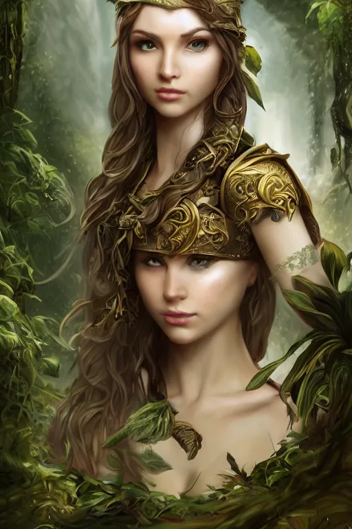 Image similar to a beautiful young woman, an elf ranger with bow and arrow, long flowing hair with hood, mostly green and brown leather pirate armor, young female face, vine like plants and jungle background, cinematic top lighting, insanely detailed and intricate, face by wlop, Charlie Bowater, golden ratio, symmetric, elegant, ornate, luxury, elite, matte painting, MTG, magic the gatheing, cinematic, cgsociety, 8k, high resolution