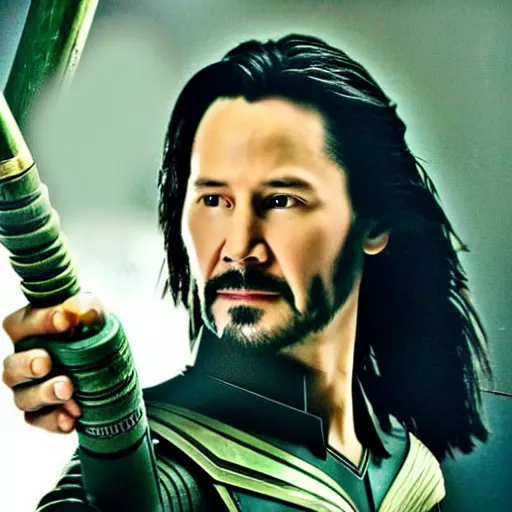 Image similar to film still of Keanu Reeves as Loki holding scepter in Loki tv show