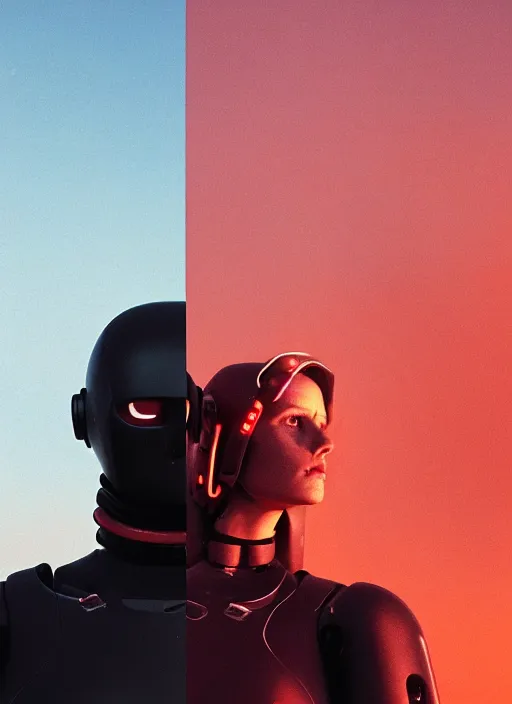 Image similar to cinestill 5 0 d photographic portrait of two loving female androids wearing rugged black techwear on a desolate plain with a red sky, extreme closeup, cyberpunk style, dust storm, 8 k, hd, high resolution, 3 5 mm, f / 3 2, ultra realistic faces, ex machina