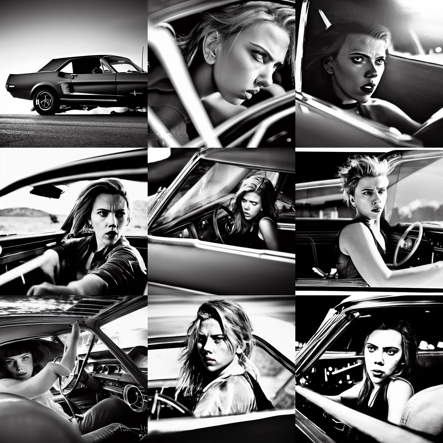 Prompt: angry scarlett johansson driving 1 9 6 7 ford mustang, dramatic lighting hyper detail, black and white, wide angle lens