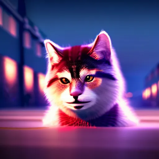 Image similar to high quality 3 d render very cute fluffy cat on luminescent city lights background, highly detailed, unreal engine cinematic smooth, moody light, low angle, uhd 8 k, sharp focus