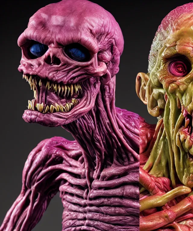 Image similar to hyperrealistic rendering, cronenberg flesh monster skeletor by art of skinner and richard corben and jeff easley, product photography, action figure, sofubi, studio lighting, colored gels