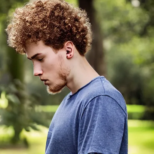 Prompt: white teenager with curly blonde hair red t shirt airpods attractive, high - quality photo realistic highly detailed high - quality 8 k